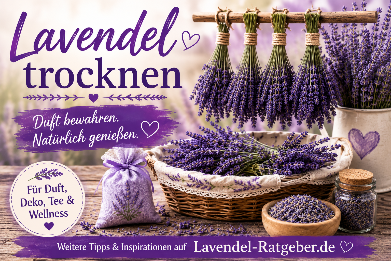 Getrockneter Lavendel in rustikaler Dekoration mit Lavendelsträußen, Duftsäckchen und Lavendelblüten